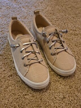 Sperry Beige Linen Low-Top Sneakers with Metallic Accents